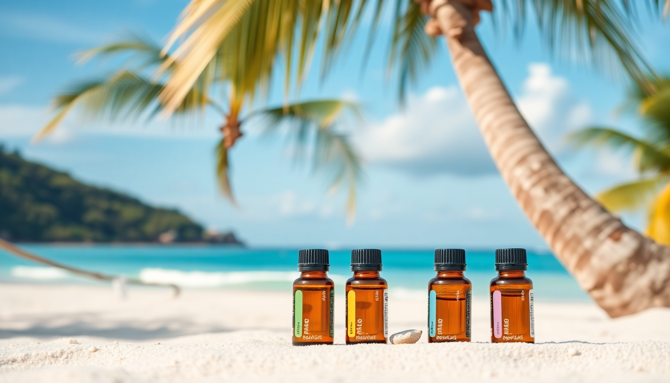 beach with palm trees and 4 essential oil bottles sitting on the sand