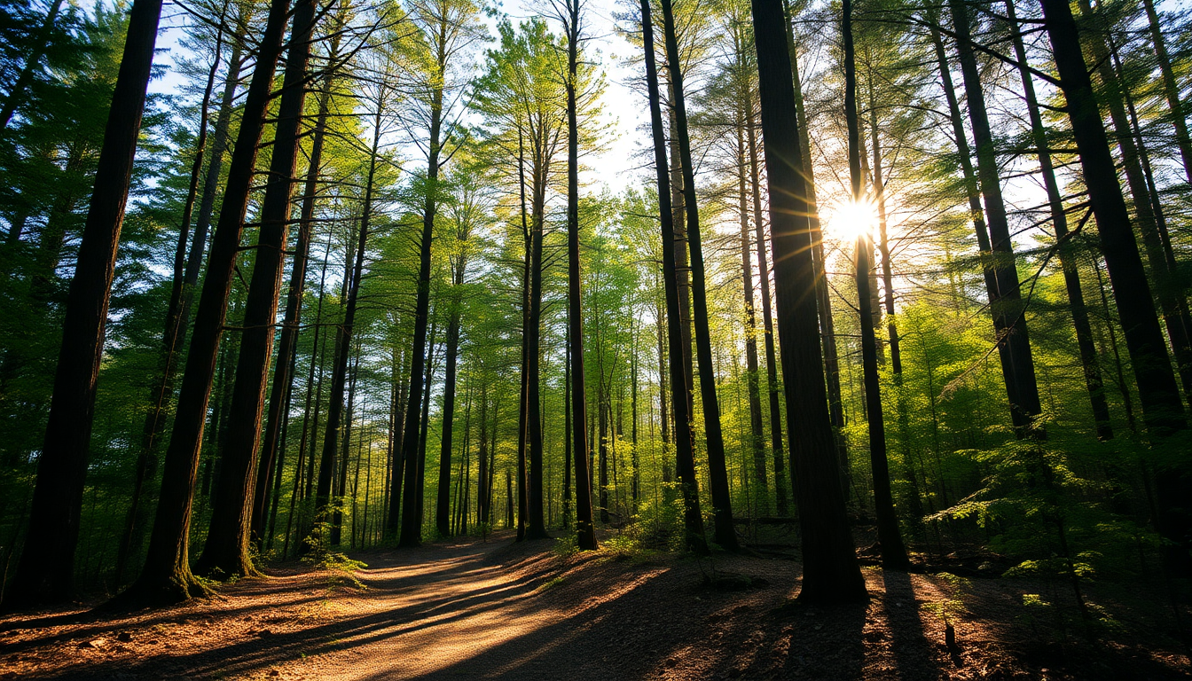 path leading through a forest of trees with sunlight shining through the leaves